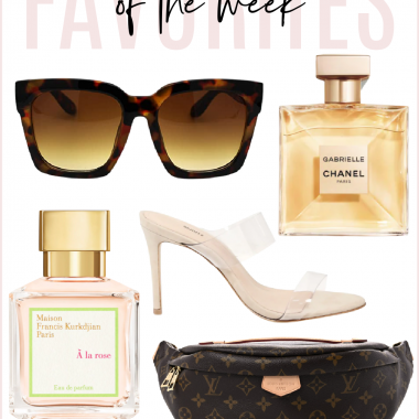 Houston fashion/lifestyle blogger LuxMommy shares favorites of the week including oversized Amazon sunglasses, Chanel perfume, MFK perfume, clear strap sandals, and Louis Vuitton Bumbag