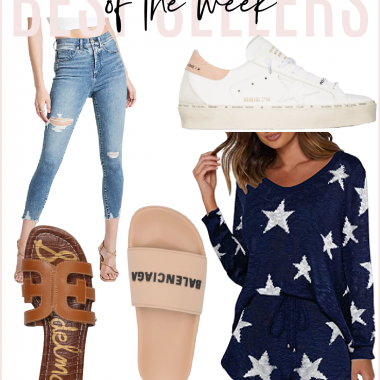 Houston top lifestyle blogger shares best sellers of the week including Express distressed denim jeans, Golden Goose GG sneakers, cut out sandals, Balenciaga slides, and a two piece star print outfit perfect for the Fourth of July