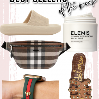 Houston fashion/lifestyle blogger LuxMommy shares best sellers of the week including Apple watch band that gives Gucci vibes, Elemis resurfacing facial pads, Burberry bumbag back in stock, studded sandals, and the comfiest slide sandals