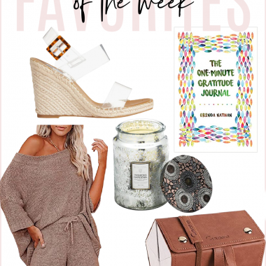 Houston fashion/lifestyle blogger LuxMommy shares favorites including wedge sandals, gratitude journal, comfy two piece outfit set, gardenia candle, and travel case for sunglasses