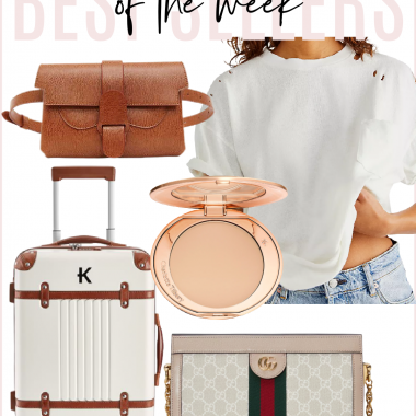 Houston fashion/lifestyle blogger LuxMommy shares best sellers of the week including Aria belt bag, distressed basic tee, personalized luggage, Charlotte Tilsbury presesd powder, and Gucci handbag