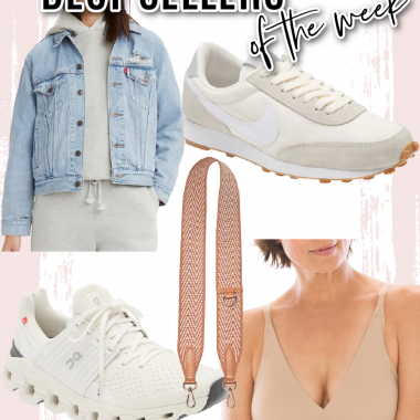 Houston fashion/lifestyle blogger LuxMommy shares best sellers of the week including classic denim jacket, Nike Daybreak sneakers, Onswift running shoes, statement shoulder strap, and the best bralette