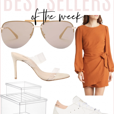 Houston fashion/lifestyle blogger LuxMommy shares best sellers of the week including affordable frameless sunglasses, clear heels, clear organization storage boxes, Golden Goose sneakers, and flattering long sleeve dress