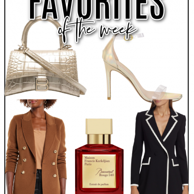 Houston fashion/lifestyle blogger LuxMommy shares favorites of the week including new Balenciaga shoulder bag, new holographic leather high heels, perfect fall blazer dress, MFK perfume on sale, and black and white blazer dress