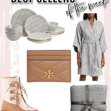 Houston fashion/lifestyle blogger LuxMommy shares best sellers of the week including the best robe, a beautiful set of dishes, Tory Burch card holder, shearling boots, and the perfect throw blanket