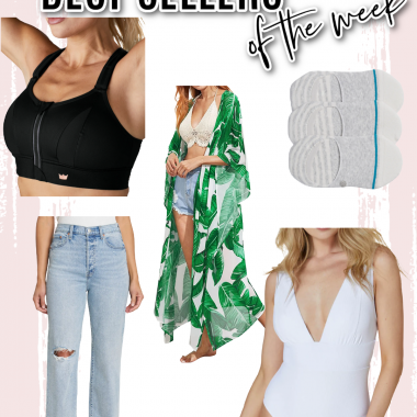 Houston fashion/lifestyle blogger LuxMommy shares best sellers of the week including my new favorite pair of jeans, the perfect one piece swimsuit for summer, tropical print cover up, super supportive sports bra, and the all time best no show socks