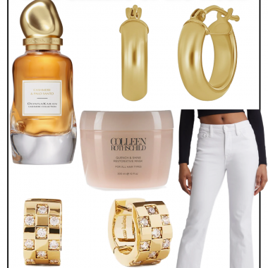Houston influencer LuxMommy shares the best sellers of the week, gold hoop earrings, donn akaran perfume, white denim, hair mask